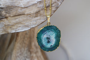 Green Solar Quartz Crystal Gold Necklace