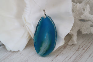 Blue Agate Slice Pendant Silver Necklace