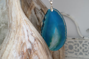 Blue Agate Slice Pendant Silver Necklace