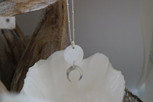 Mother of Pearl Shell Rose Silver Necklace with Silver Moon Charm