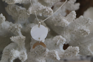 Mother of Pearl Shell Rose Silver Necklace with Silver Moon Charm