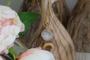 White Druzy Agate Crystal Gold Necklace with Moon Charm