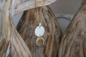 Mother of Pearl Shell Gold Necklace with Gold Moon Charm