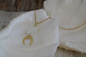 Mother of Pearl Shell Gold Necklace with Gold Moon Charm