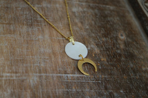 Mother of Pearl Shell Gold Necklace with Gold Moon Charm