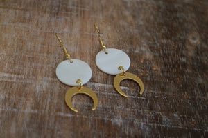 White mother of pearl shell gold earrings with 24k gold plated moon charms