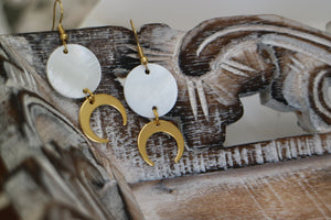White mother of pearl shell gold earrings with 24k gold plated moon charms