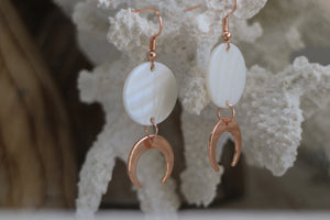 White mother of pearl shell rose gold earrings with rose gold moon charms