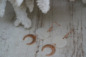 White mother of pearl shell rose gold earrings with rose gold moon charms