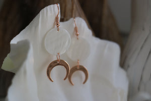 White mother of pearl shell rose gold earrings with rose gold moon charms