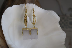 White Druzy Quartz crystal gold earrings with white and gold cowrie shells