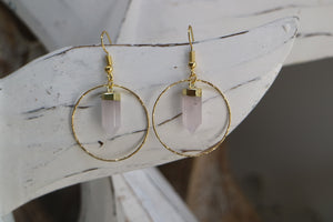 Rose quartz crystal point gold earrings