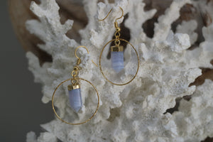 Blue lace agate crystal point gold earrings