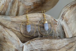 Blue lace agate crystal point gold earrings