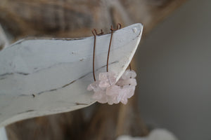 Boho pink rose quartz crystal chip gemstones on antique copper earrings hoops