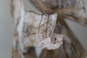 Boho pink rose quartz crystal chip gemstones on antique copper earrings hoops