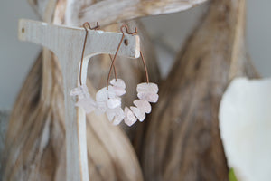 Boho pink rose quartz crystal chip gemstones on antique copper earrings hoops