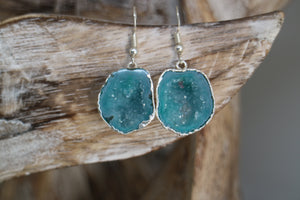 Blue geode druzy agate silver earrings