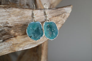 Blue geode druzy agate silver earrings