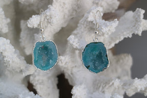 Blue geode druzy agate silver earrings