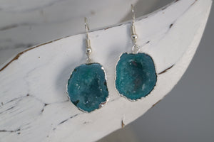 Blue geode druzy agate silver earrings