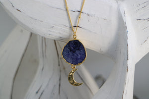 Purple Geode Druzy Agate Crystal Gold Necklace with Gold Moon Charm