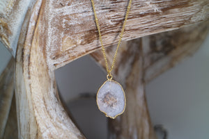 White Geode Druzy Crystal Gold Necklace