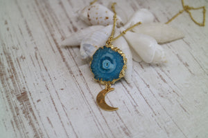 Blue Solar Quartz Gold Necklace with Moon Charm