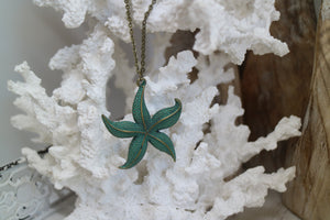 Green Bronze patina starfish boho necklace