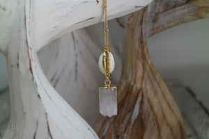 White Druzy Quartz gold necklace with shell