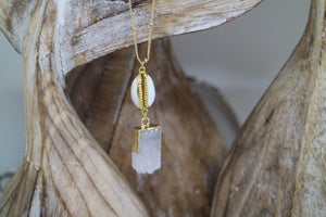White Druzy Quartz gold necklace with shell