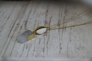 White Druzy Quartz gold necklace with shell