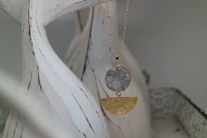 White Druzy Agate Crystal Gold Necklace with Hammered Charm