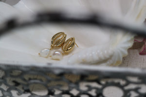Fresh Water Pearl and Cowrie Shell Gold Earrings