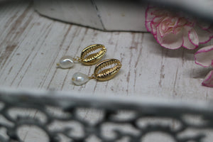 Fresh Water Pearl and Cowrie Shell Gold Earrings