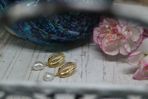 Fresh Water Pearl and Cowrie Shell Gold Earrings