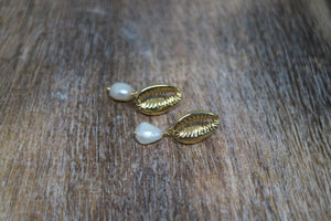 Fresh Water Pearl and Cowrie Shell Gold Earrings
