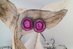 Pink solar quartz crystal earrings with black electroplated edges and silver stainless steel earring hooks