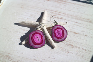 Pink solar quartz crystal earrings with black electroplated edges and silver stainless steel earring hooks
