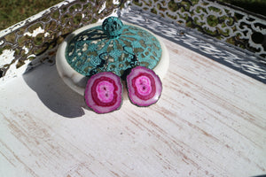 Pink solar quartz crystal earrings with black electroplated edges and silver stainless steel earring hooks