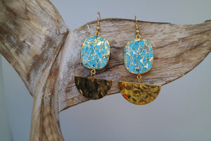 Turquoise gemstone gold earrings with gold-plated hammered and polished half moon charms