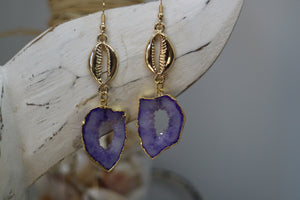 Purple Goede Druzy Agate earrings with gold plated edges and gold plated cowrie shell connectors