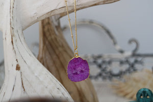 Pink Geode Druzy Crystal Gold Necklace