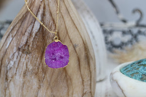 Pink Geode Druzy Crystal Gold Necklace
