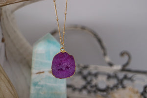 Pink Geode Druzy Crystal Gold Necklace