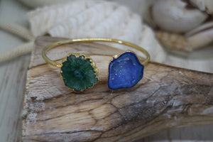 Green and blue quartz and druzy agate crystal gold cuff bangle