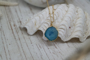 Blue Geode Druzy Agate Crystal Gold Necklace