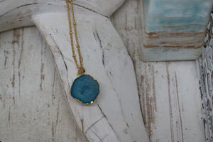 Blue Geode Druzy Agate Crystal Gold Necklace