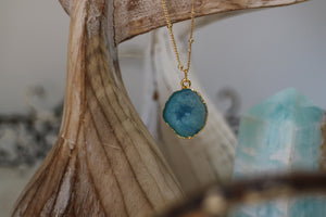 Blue Geode Druzy Agate Crystal Gold Necklace