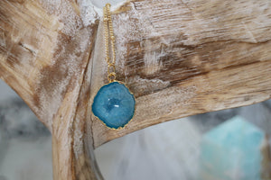 Blue Geode Druzy Agate Crystal Gold Necklace